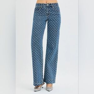 RISEN High Rise Wide Leg Bow Embroidered Jeans
